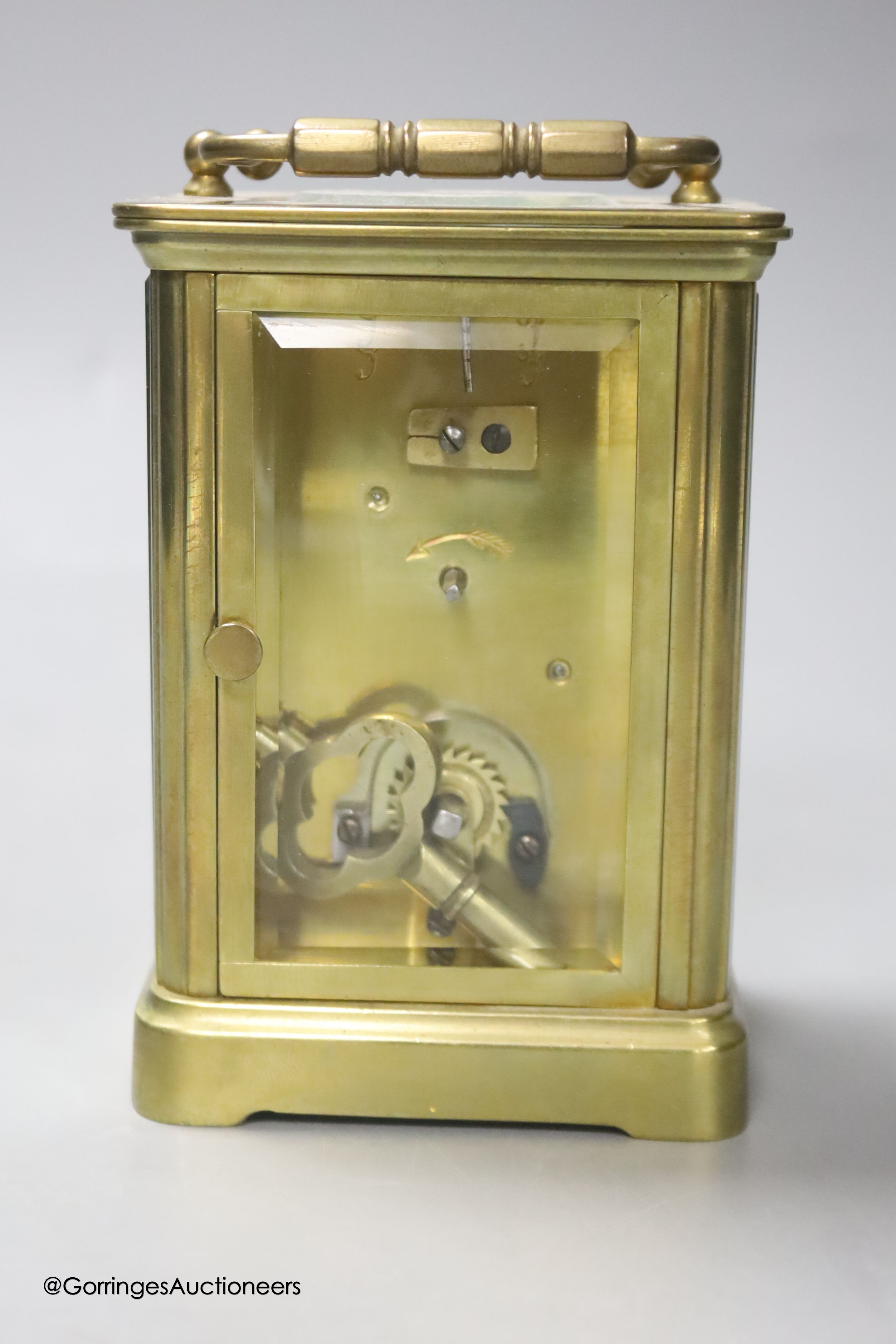 A French gilt brass carriage timepiece, height excluding handle 11cm